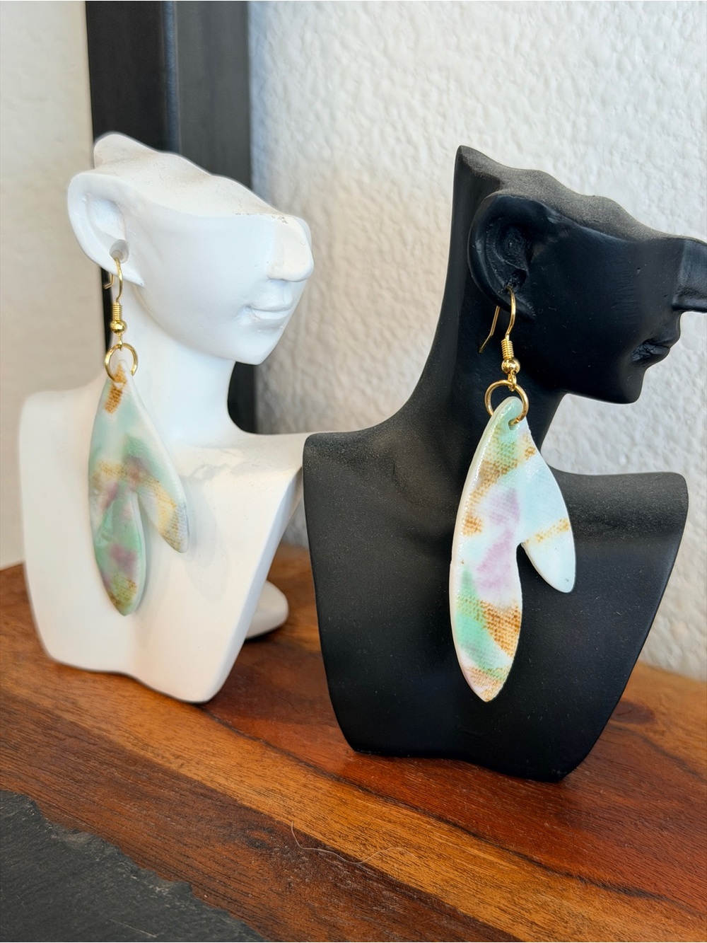 Handcrafted Mint Green Multicolor Leaf Drop Ceramic Earrings